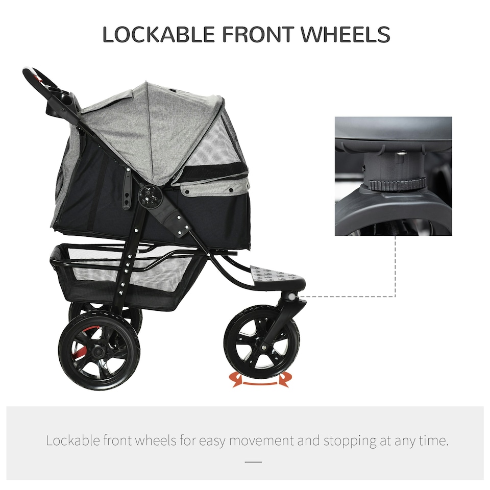 image 1 of PawHut Folding 3 Wheel Pet Stroller Travel Adjustable Canopy Storage Brake Grey