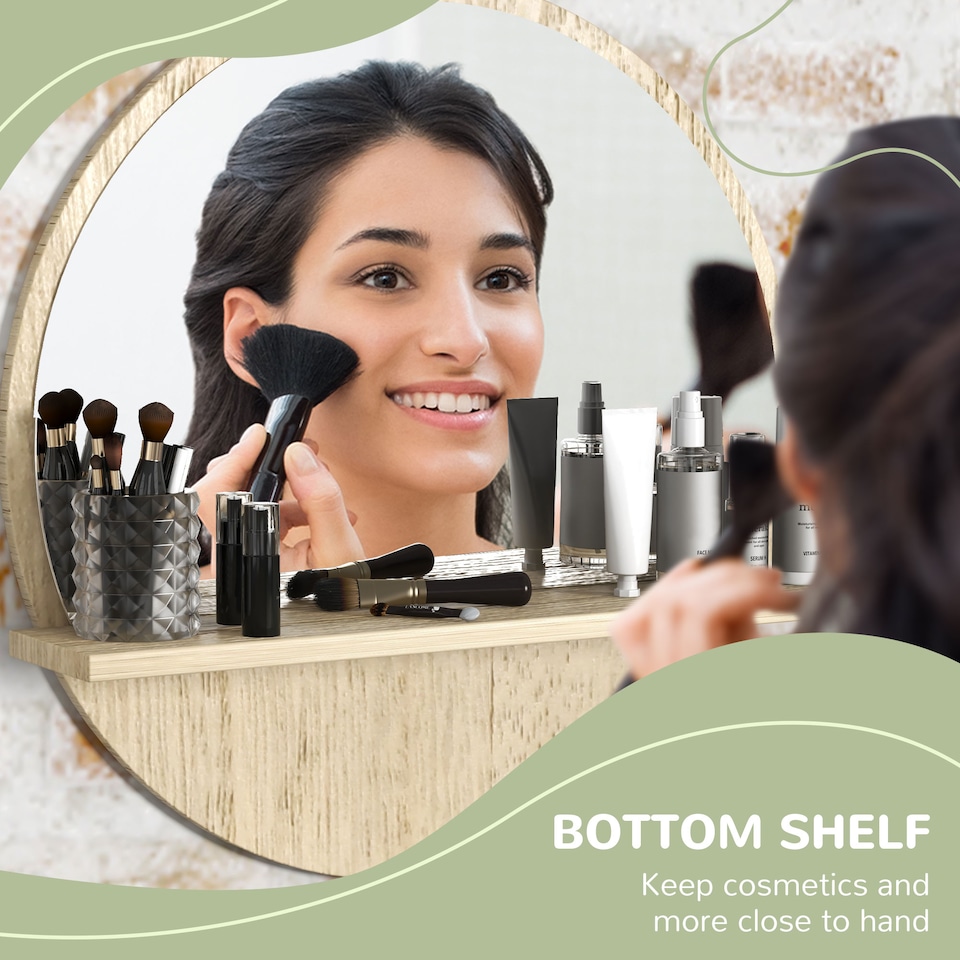 image 1 of kleankin 45cm Wall Mounted Bathroom Mirror, Round Mirror with Shelf, Framed Makeup Mirror for Home Decoration, Natural Wood Effect