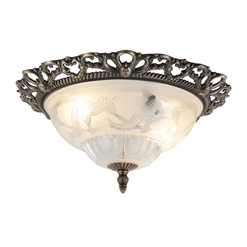 image 1 of Traditional and Classic Antique Brass and Floral Glass Flush Ceiling Light | Gold | Antique Brass | 1