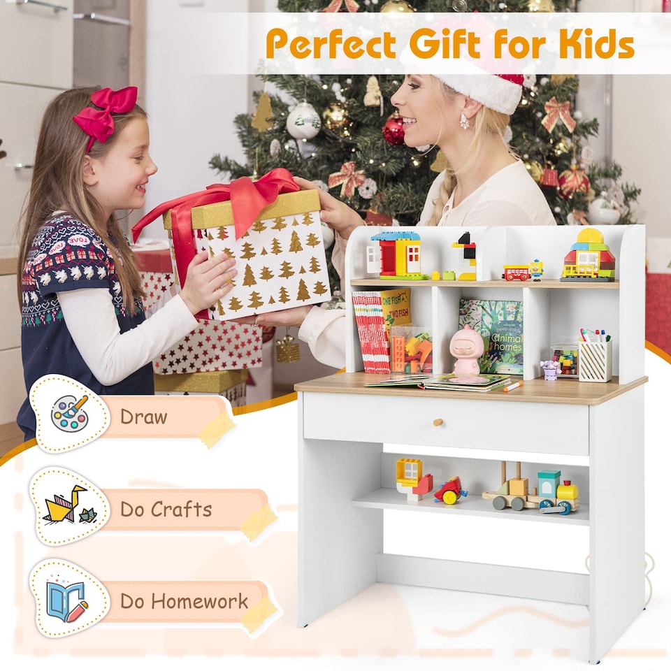 image 1 of COSTWAY Kids Wooden Study Desk Children Writing Table with Hutch & Drawer