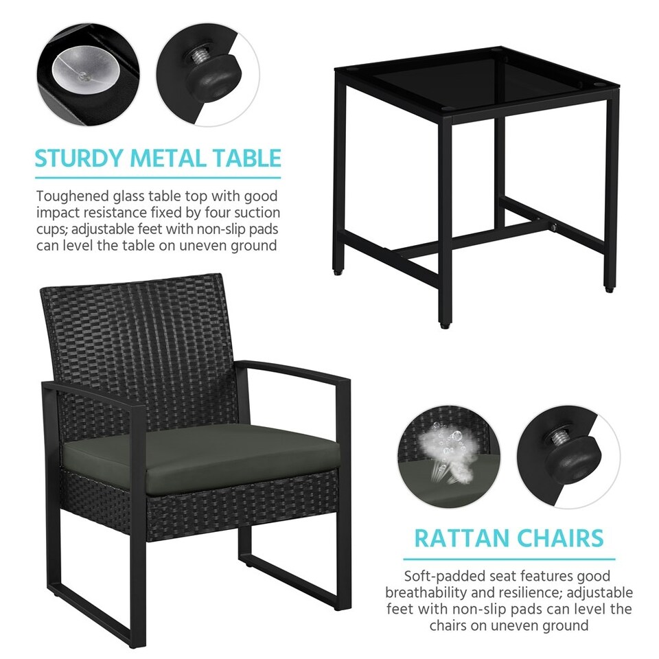 image 1 of Yaheetech 3-Piece Patio Set Rattan Chairs & Table Black/Grey