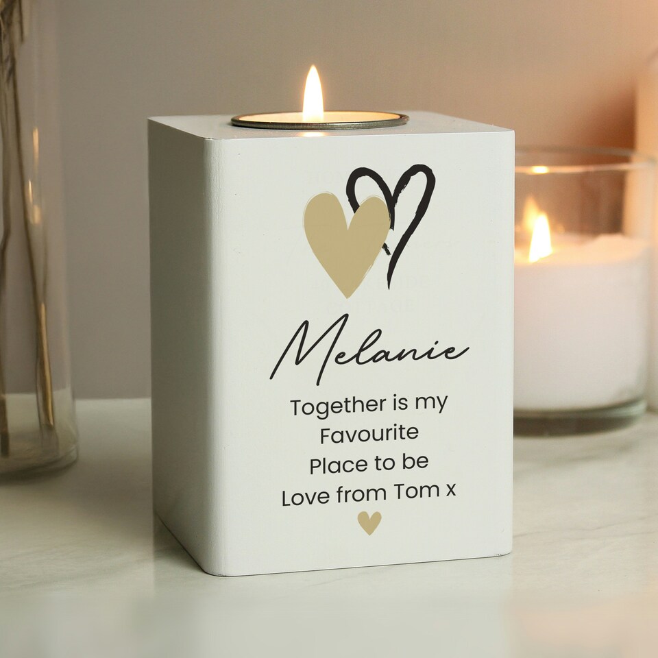 image 1 of Personalised Hearts Wooden Tealight Holder White