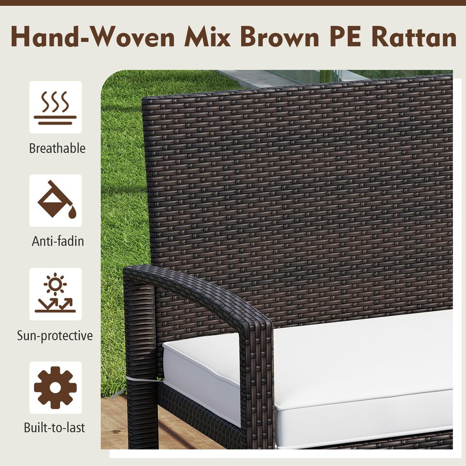 image 1 of COSTWAY Patio Rattan Loveseat Garden Wicker 2-Seat Bench White
