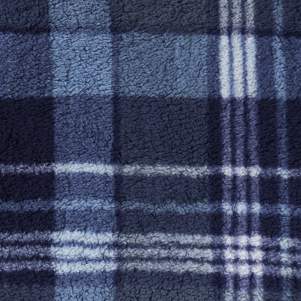 image 1 of OHS Winter Check Teddy Fleece Throw Xmas Soft Bedspread Blanket | Blue | Navy