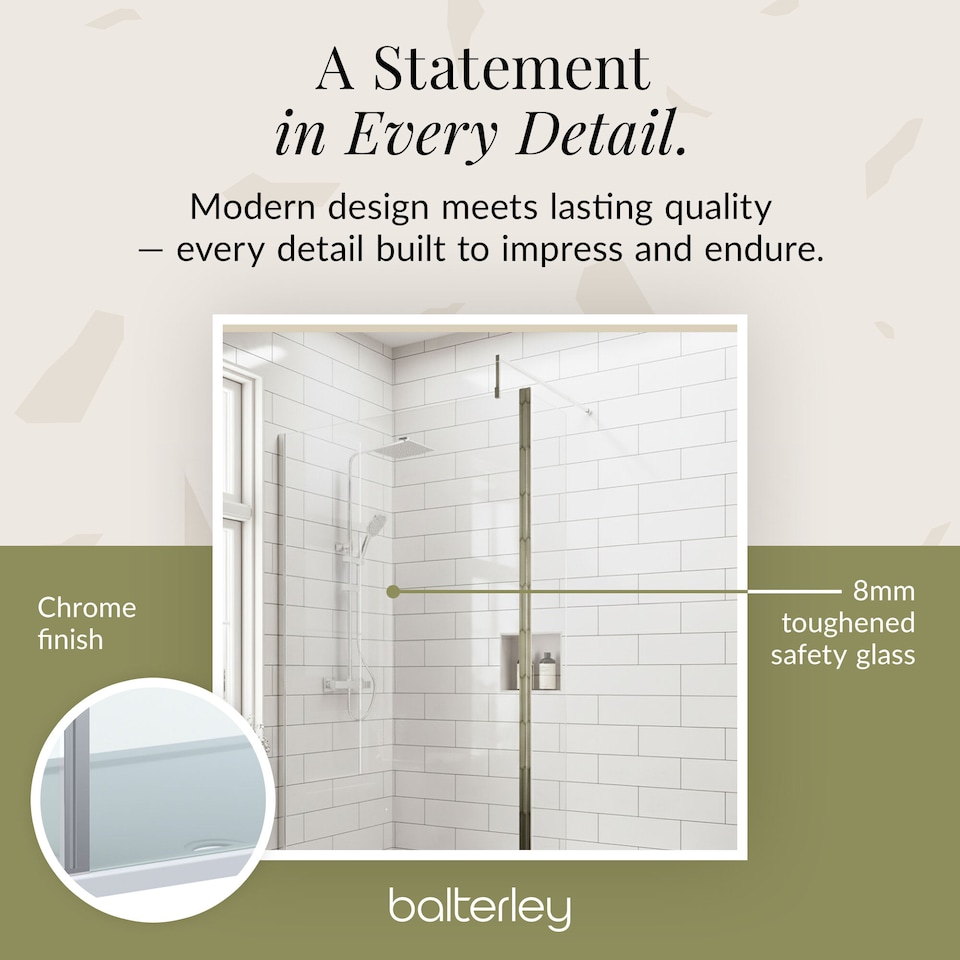 image 1 of 8mm Glass Wetroom Screen and Return Chrome and Tray 1700 x 700mm | Silver | Chrome