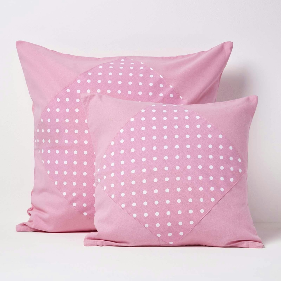image 1 of Homescapes Cotton Plain Pink and Polka Dots Cushion Cover - 45 x 45 cm | Pink | Pink | 45 x 45 cm