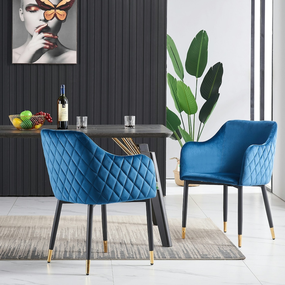 image 1 of Set of 2 Verona Velvet Dining Chairs with Quilted Back & Black Legs - Modern Accent Chair with Silver Foot Tips | Blue