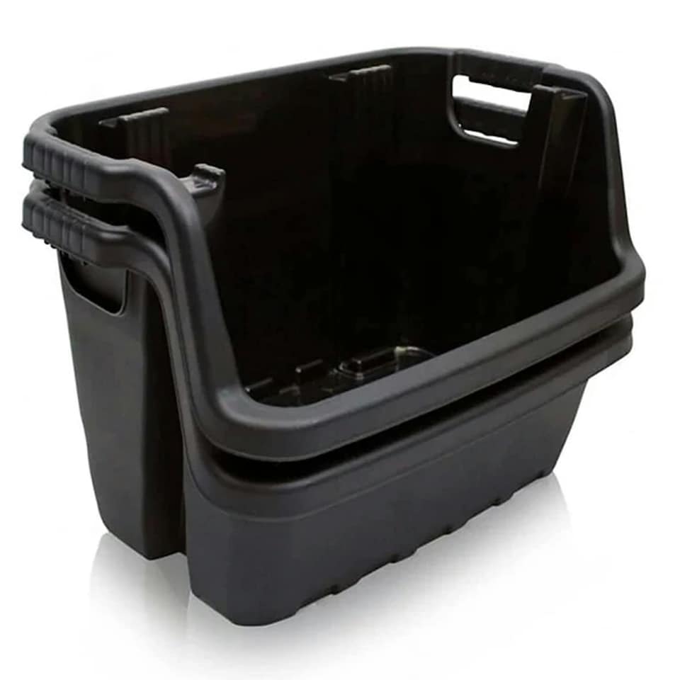 image 1 of Set of 2 Open Fronted Black Plastic Crates Heavy Duty Stackable Storage Boxes Black