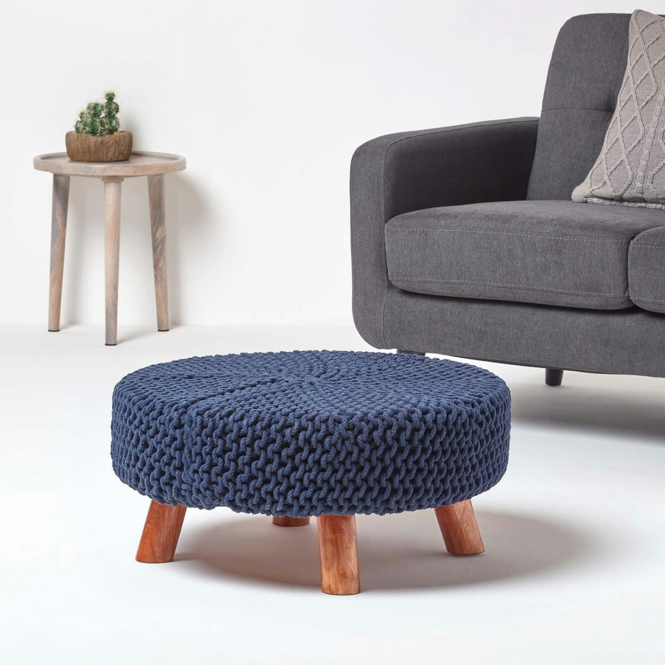 image 1 of Homescapes Navy Blue Large Round Cotton Knitted Footstool on Legs