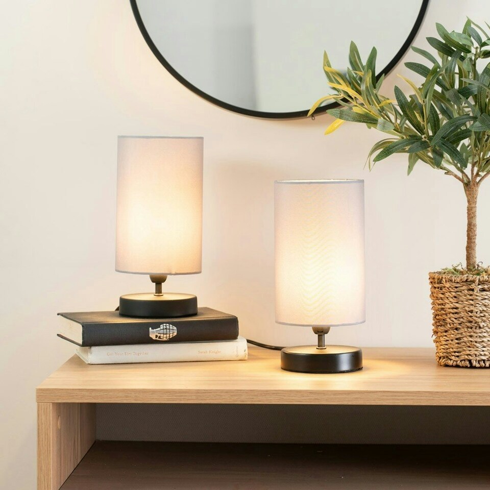 image 1 of ValueLights Pair Francis Black Touch Table Lamps Grey Shades & Bulbs Grey