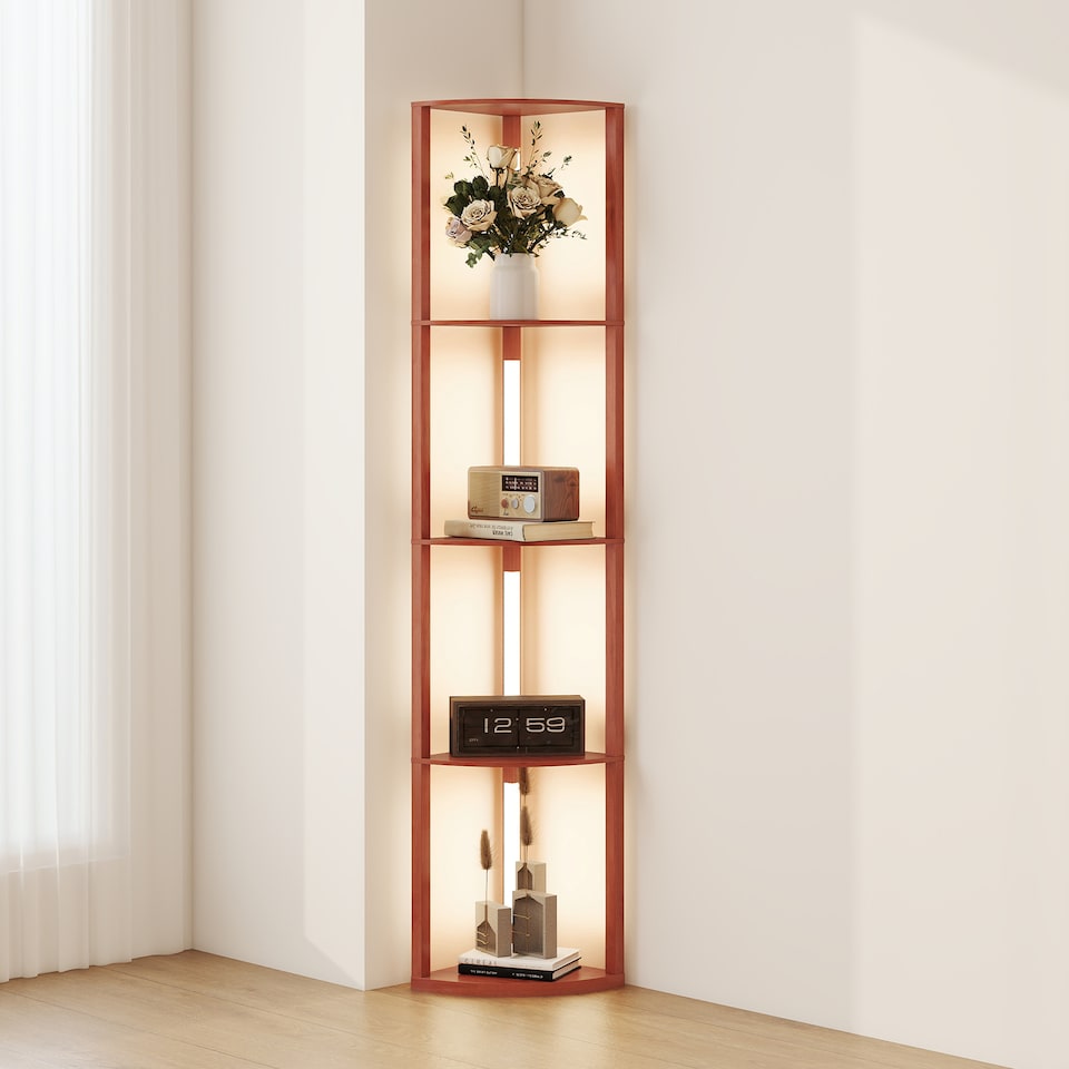 image 1 of HOMCOM LED Floor Lamp with Shelves, 5-Tier Dimmable Standing Lamp with Adjustable Brightness and Foot Switch, Modern Corner Display Shelf Unit for Living Room Bedroom Office, Brown | Brown