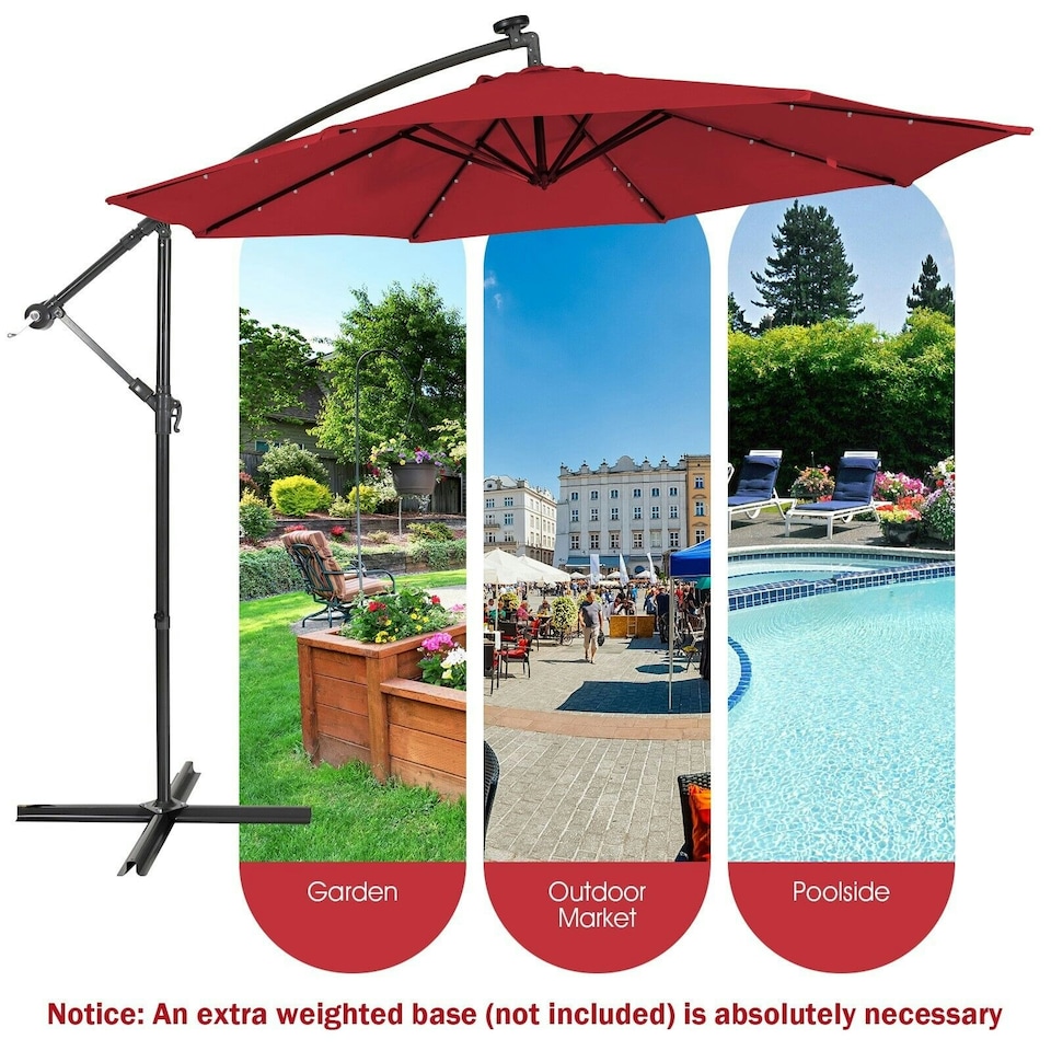image 1 of COSTWAY 10FT Cantilever Parasol Patio Offset Umbrella LED Lights Red