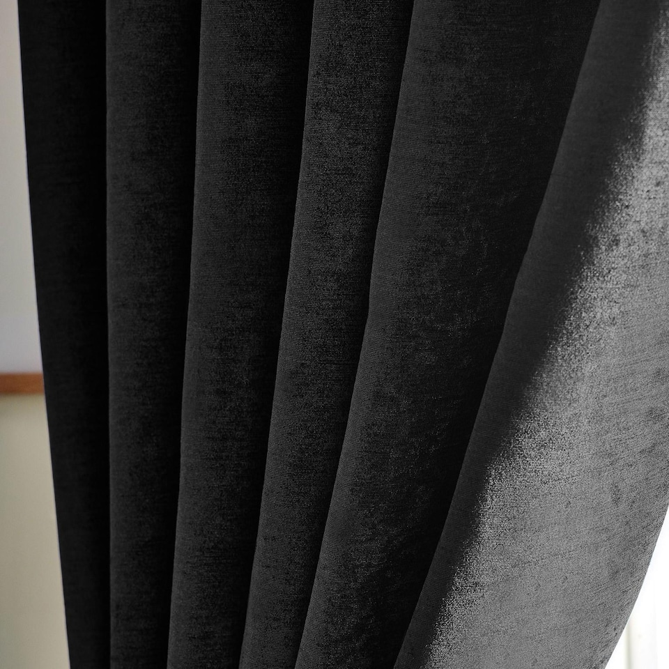 image 1 of Chenille Blackout Ring Top Eyelet Curtains 117cm x 183cm Black | Black | Black | 1