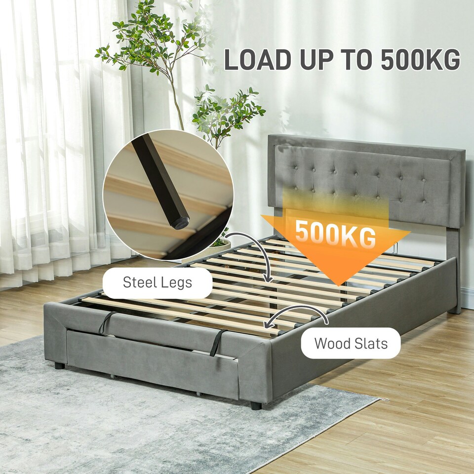 image 1 of HOMCOM Double Bed Frame with Storage and Adjustable Velvet Headboard, Grey
