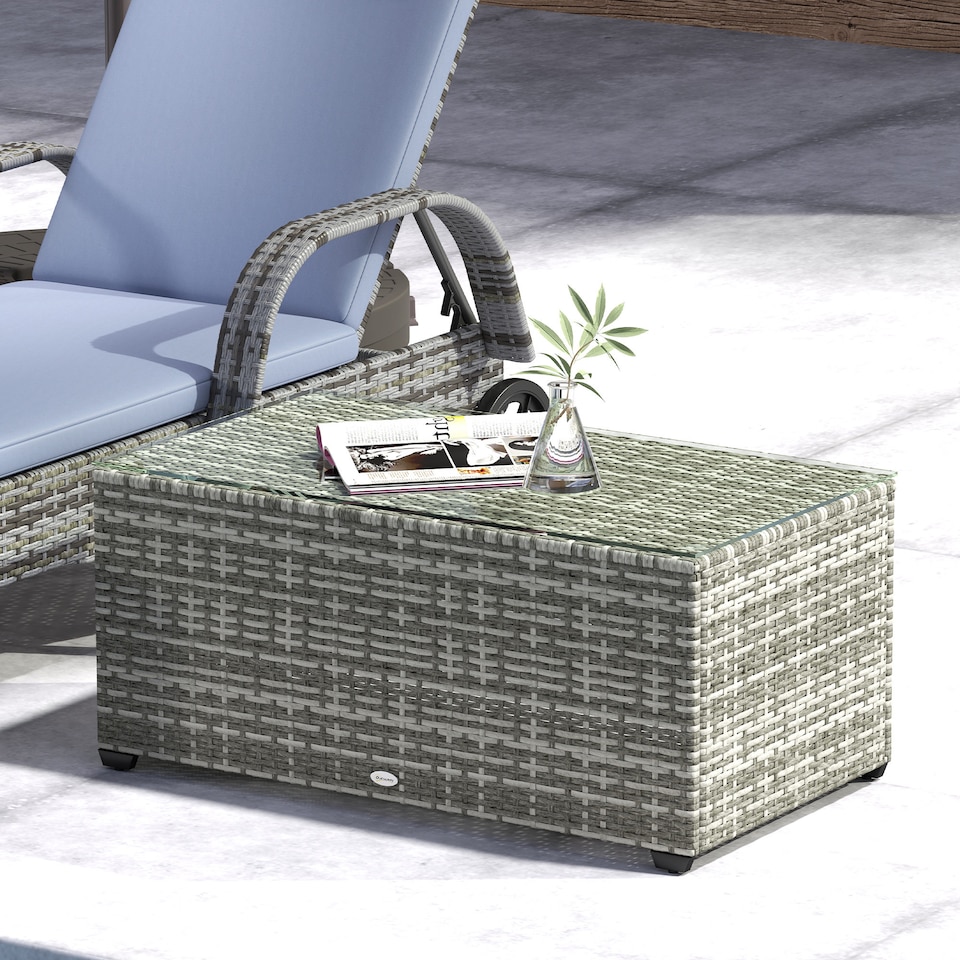 image 1 of Outsunny Outdoor Coffee Table, Glass Top Rattan Side Table, Light Grey