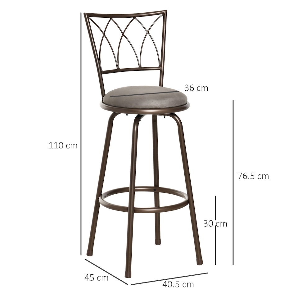 image 1 of HOMCOM Set of 2 Bar Chairs Swivel Armless Upholstered Metal Frame Barstools with Backrest & Footrest, Bronze
