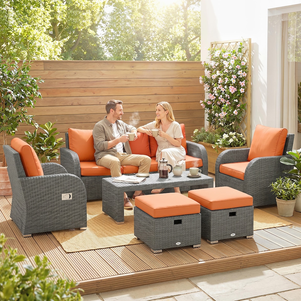 image 1 of Outsunny Rattan Garden Furniture Set with Recliners, Footstools, Orange
