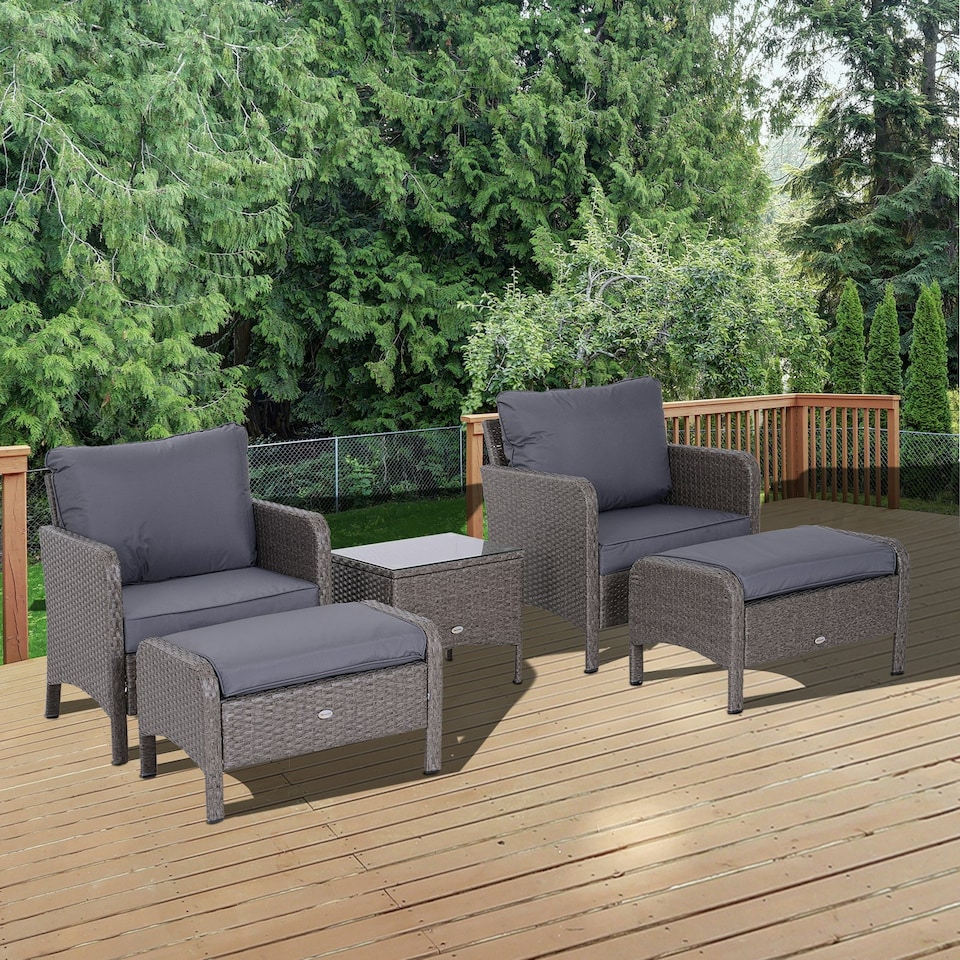 image 1 of Outsunny 5 Pieces PE Rattan Garden Furniture Set with 10cm Thick Padded Cushions, Wicker Weave Outdoor Seating Chairs with 2 Armchairs, 2 Stools, Glass Top Table, Grey and White