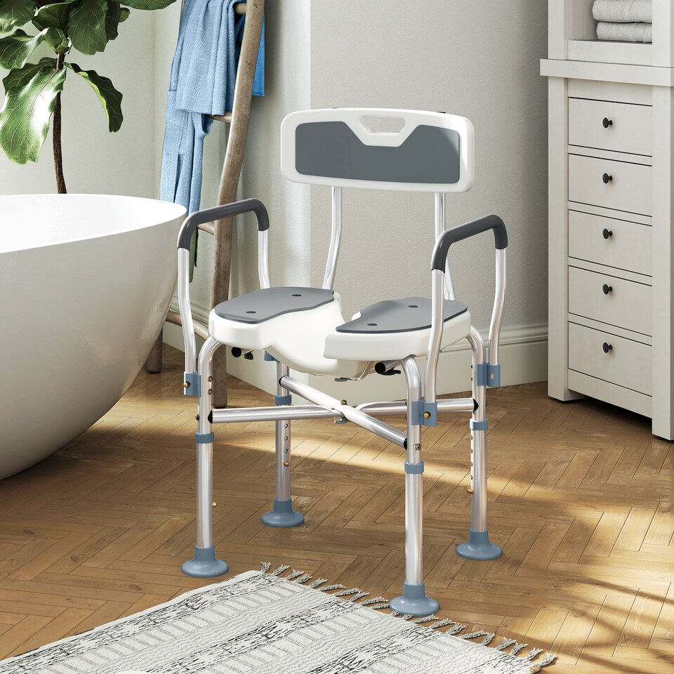 image 1 of HOMCOM Padded Bath Chair with Slotted Seat and Adjustable Height, Grey