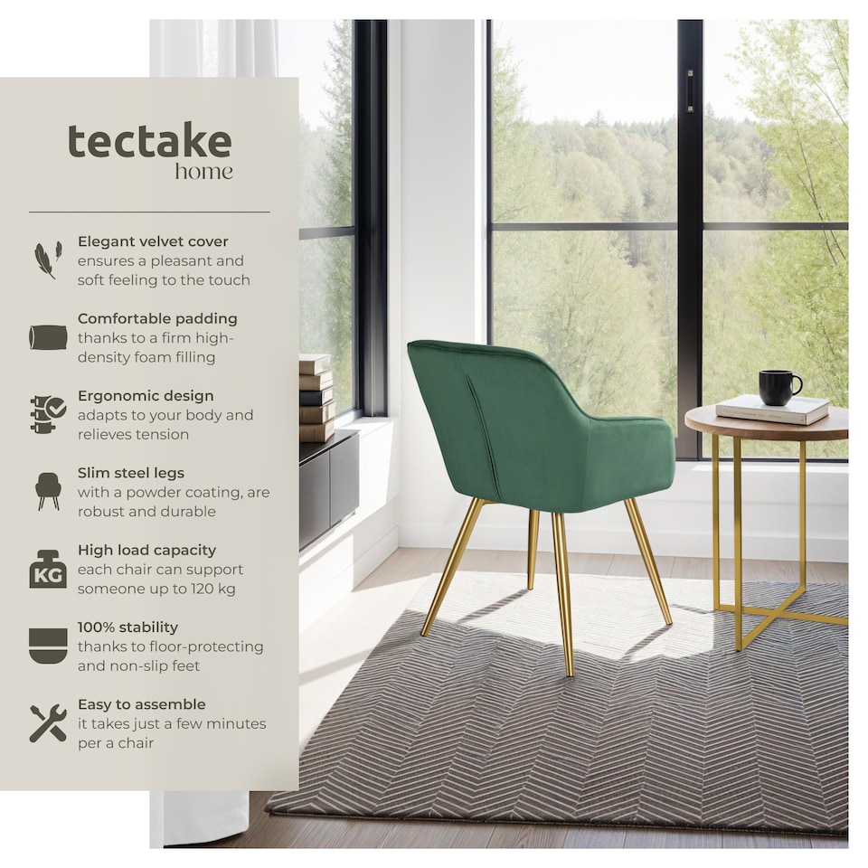 image 1 of Chair Marilyn with Velvet Cover, Gold Steel Legs and Plush Padding | Green | dark green/gold | 1