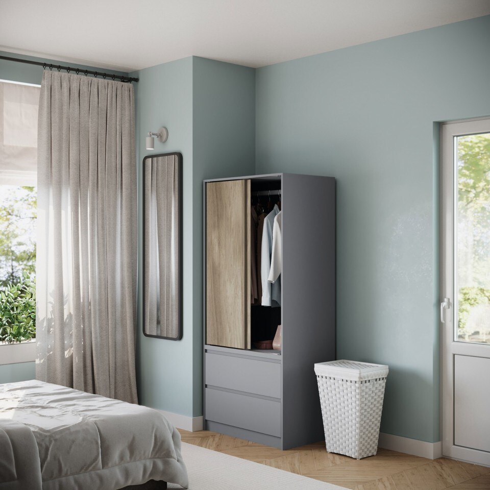 image 1 of URBNLIVING 2 Sliding Door Wardrobe With 2 Drawers And Hanging Rail | Grey | Oak Doors | 1