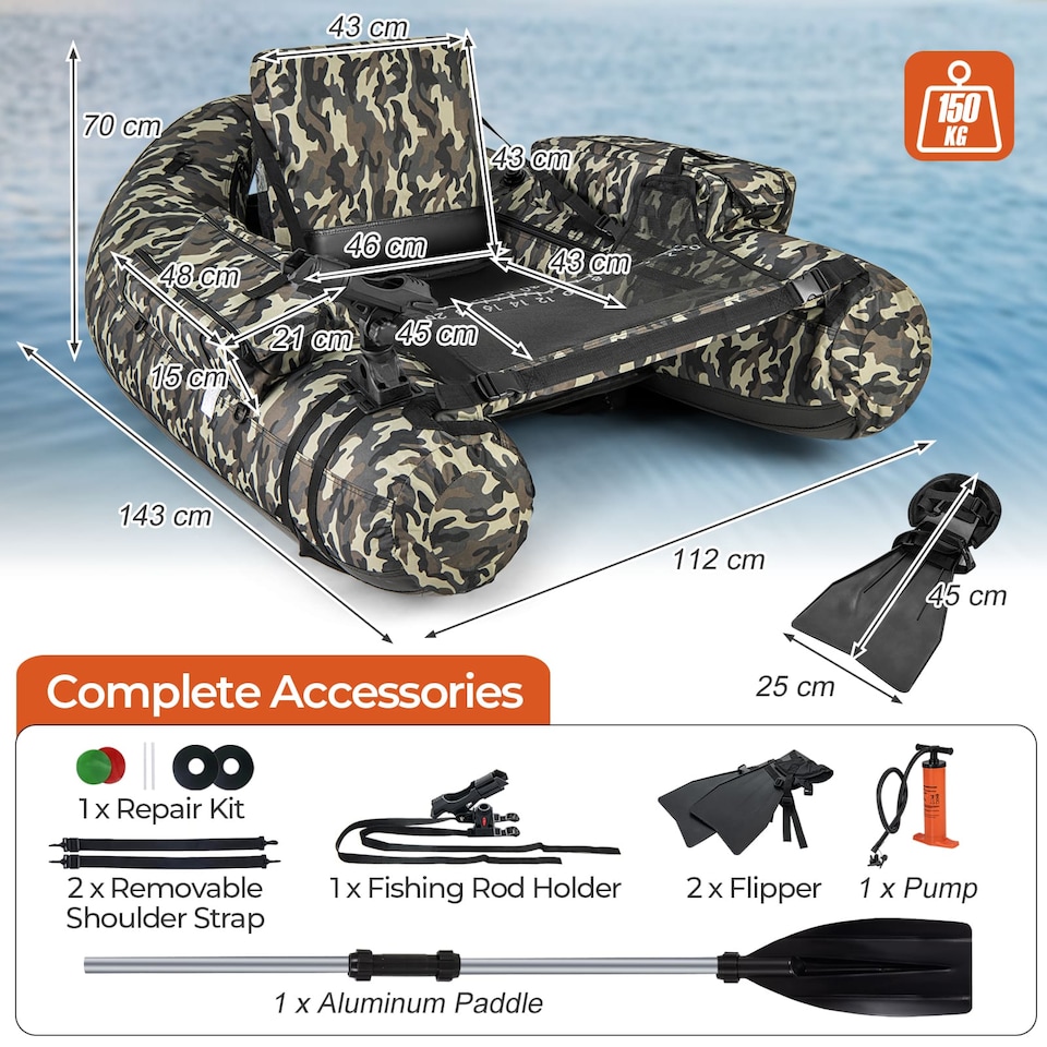 image 1 of COSTWAY Fishing Float Tube V-Shaped Inflatable Float Tube-Camouflage