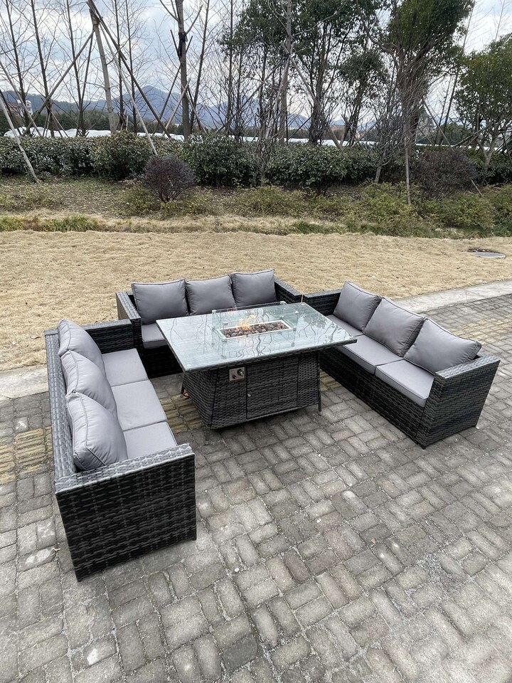 image 1 of Fimous 9 Seater U Shape Outdoor Lounge Rattan Sofa Set Garden Furniture Gas Firepit Set Dining Table Dark Grey Mixed