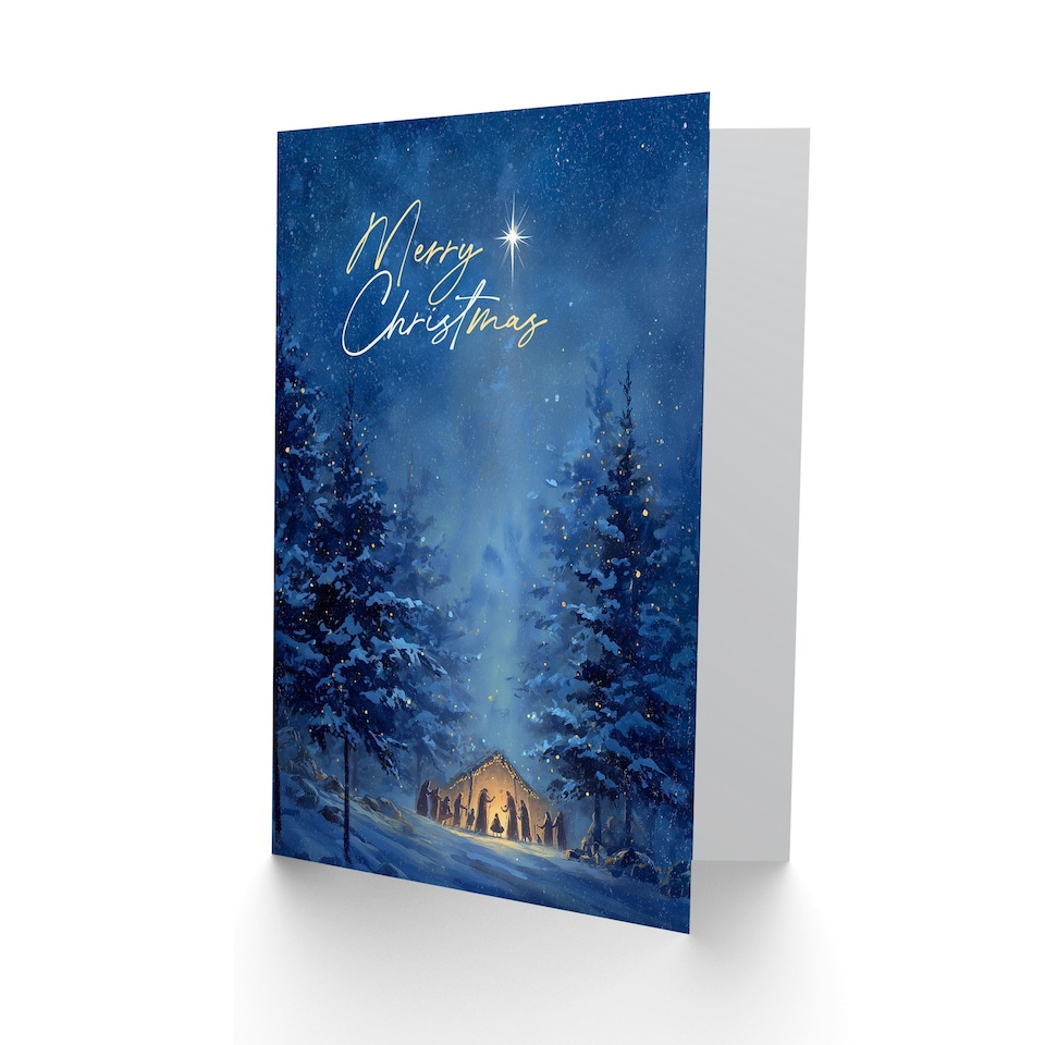 image 1 of Christmas Card Nativity Scene in Snowy Winter Pine Tree Forest