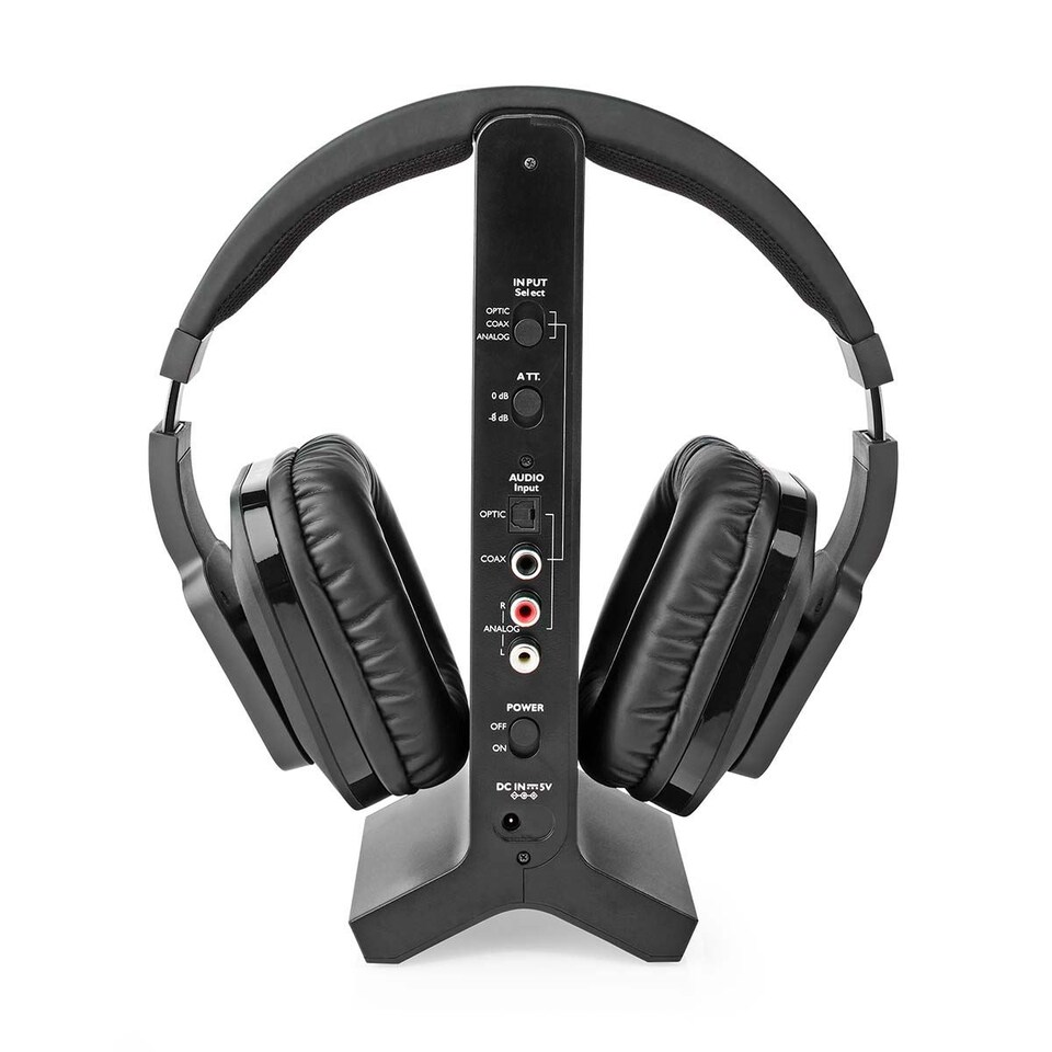 image 1 of Nedis Wireless RF TV Over-Ear TV / Hifi Headphones with Charging Base, 25m Range, Volume Control, Toslink/Coax/RCA/3.5mm Input - Black