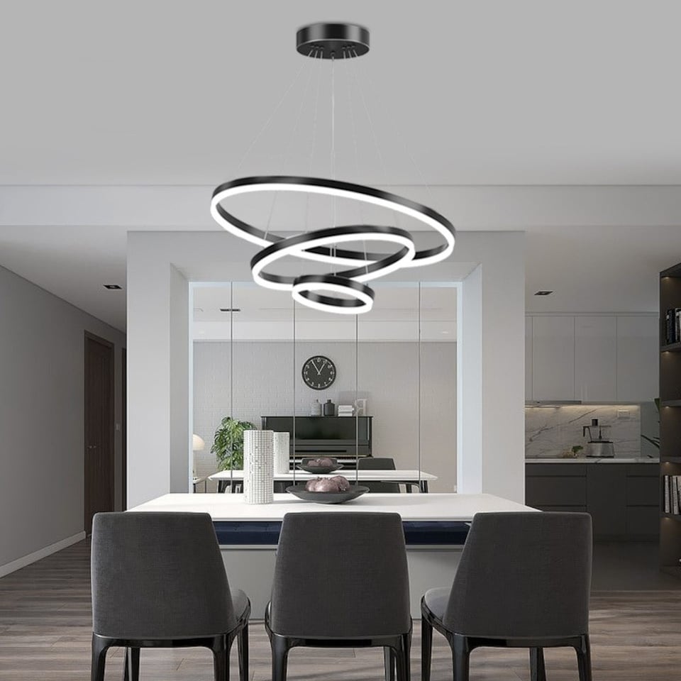 image 1 of Living and Home Modern 3-Ring Aluminum LED Pendant Light | Black