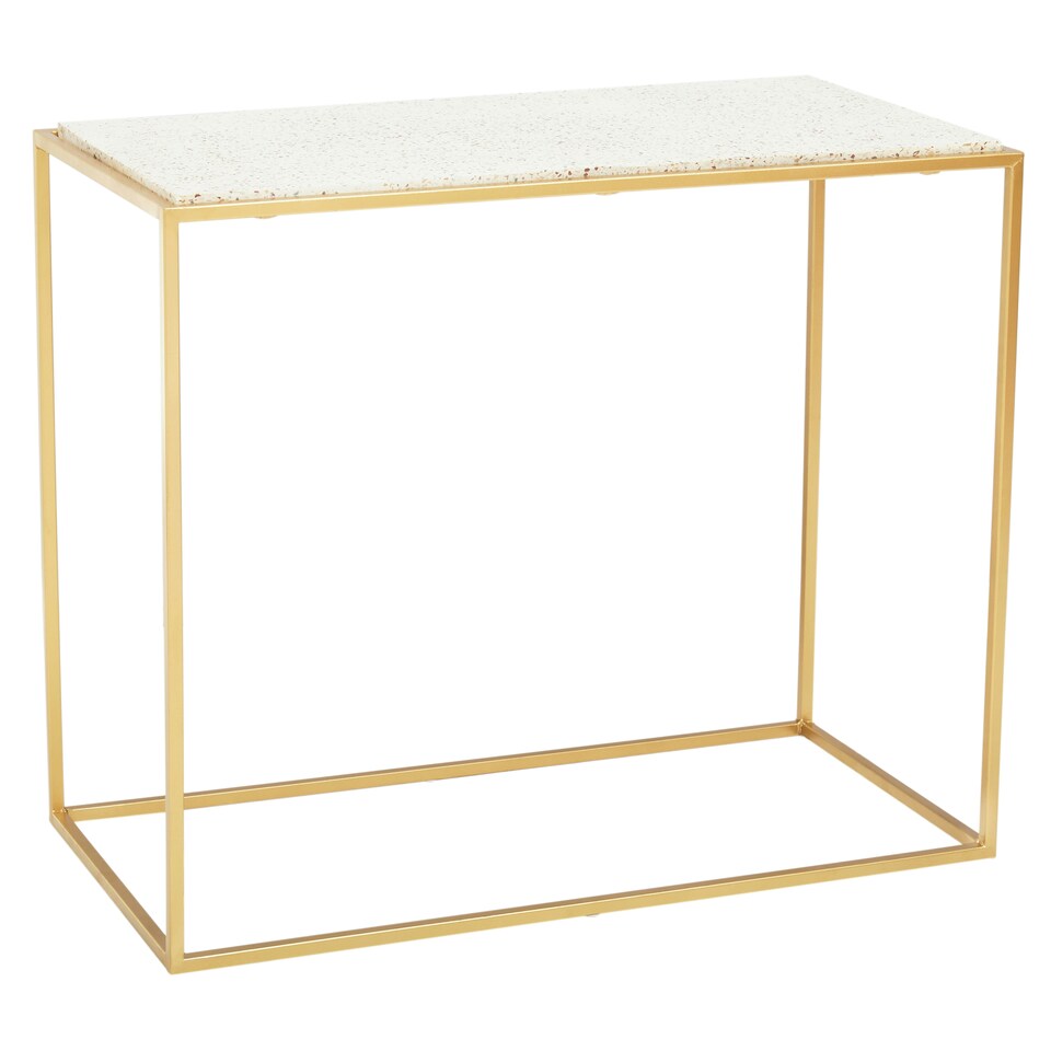 image 1 of Interiors by Premier Gold Finish Console Table, Sleek Gold Iron Frame with White Rectangular Marble Top, Open‑Frame Console Gold