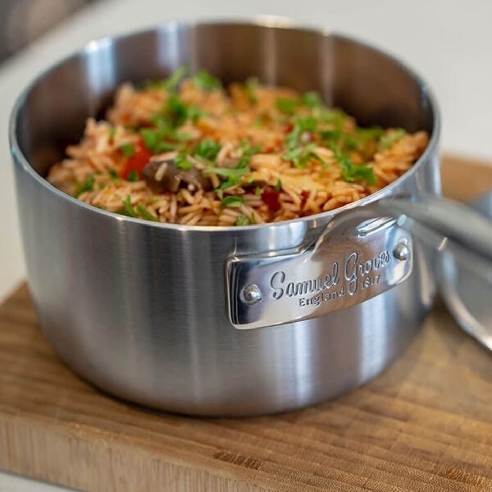 image 1 of Samuel Groves Classic Stainless Steel Triply 16cm Saucepan with Lid