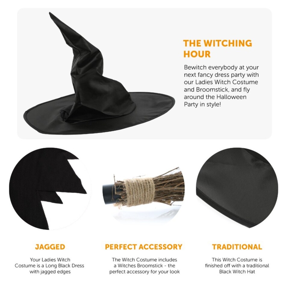 image 1 of Witch Costume - Dress Hat & Broom | Black | XS