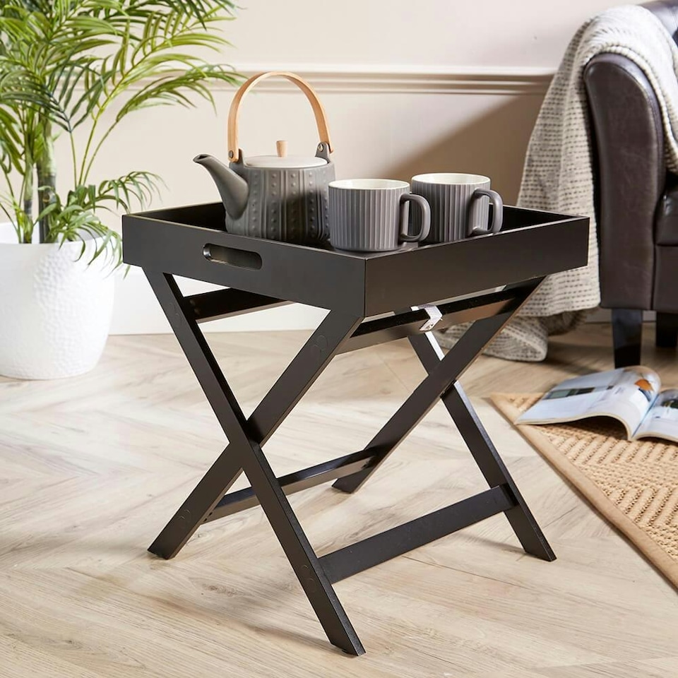 image 1 of Folding Butlers Side Table Portable Wooden Food Serving Tray Black
