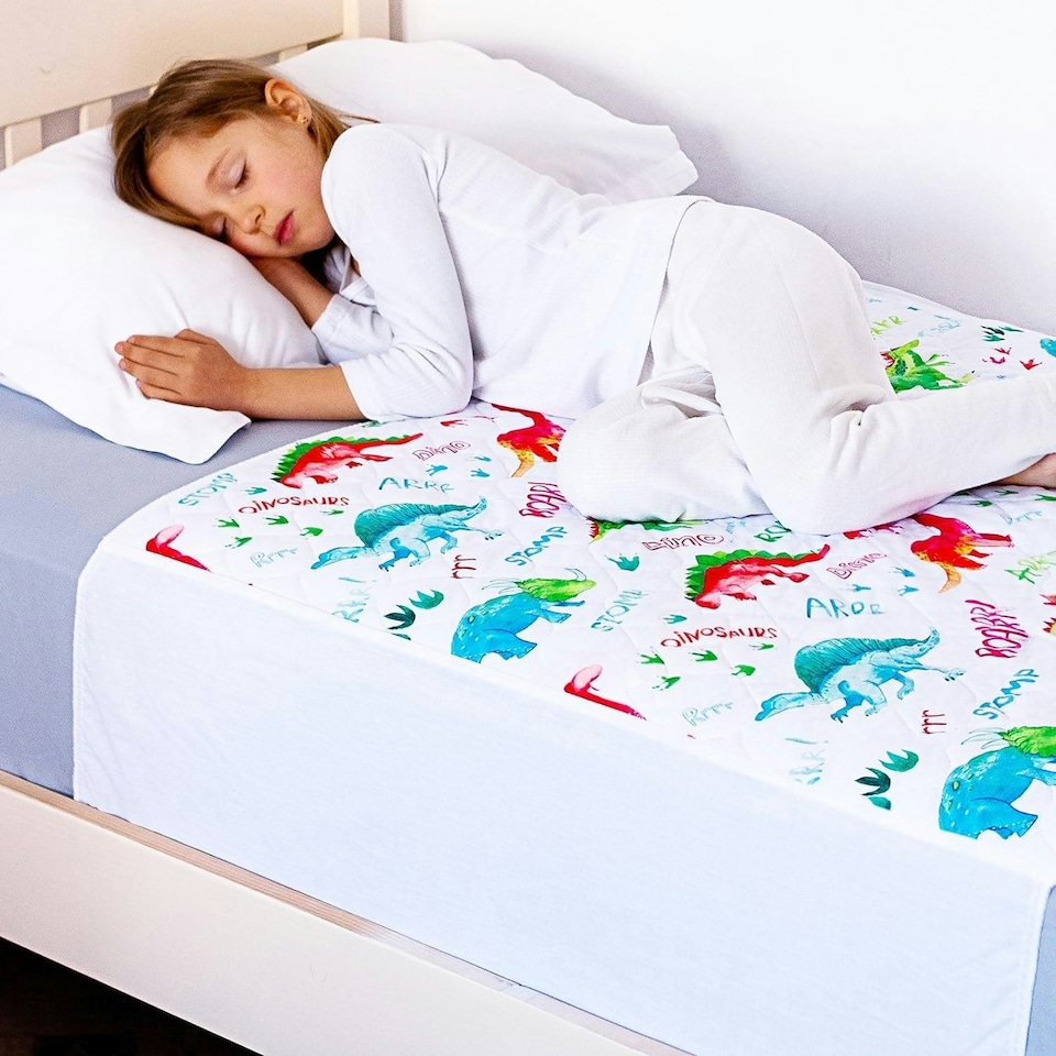 image 1 of Lynmark® Toddler Potty Training Bed Pad with Tucks - Non-Slip 90 x 85cm White | Dinosaur | Single
