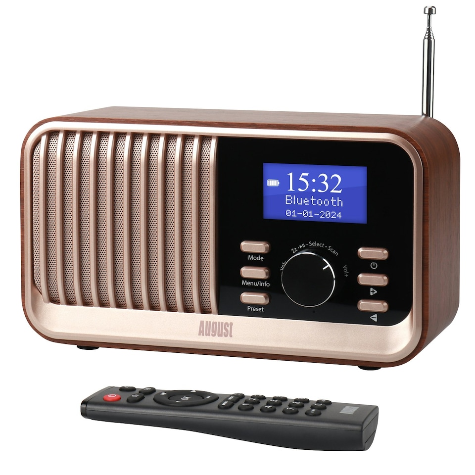 image 1 of Retro Bluetooth Speaker Rechargeable DAB/DAB+/FM Radio, Dual Alarm Clock, USB & Micro SD MP3 Playback, Large Remote Contro l – August MB450K
