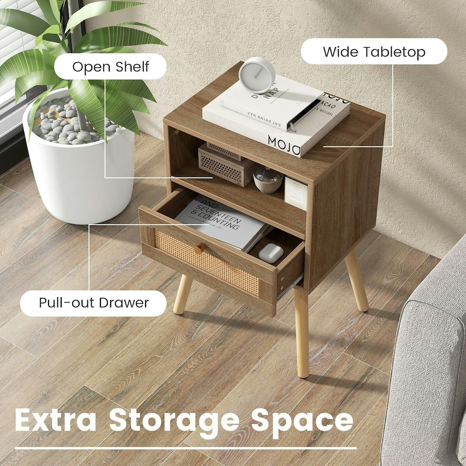 image 1 of COSTWAY 2 Pcs Rattan Nightstand Compact Bedside Table Brown