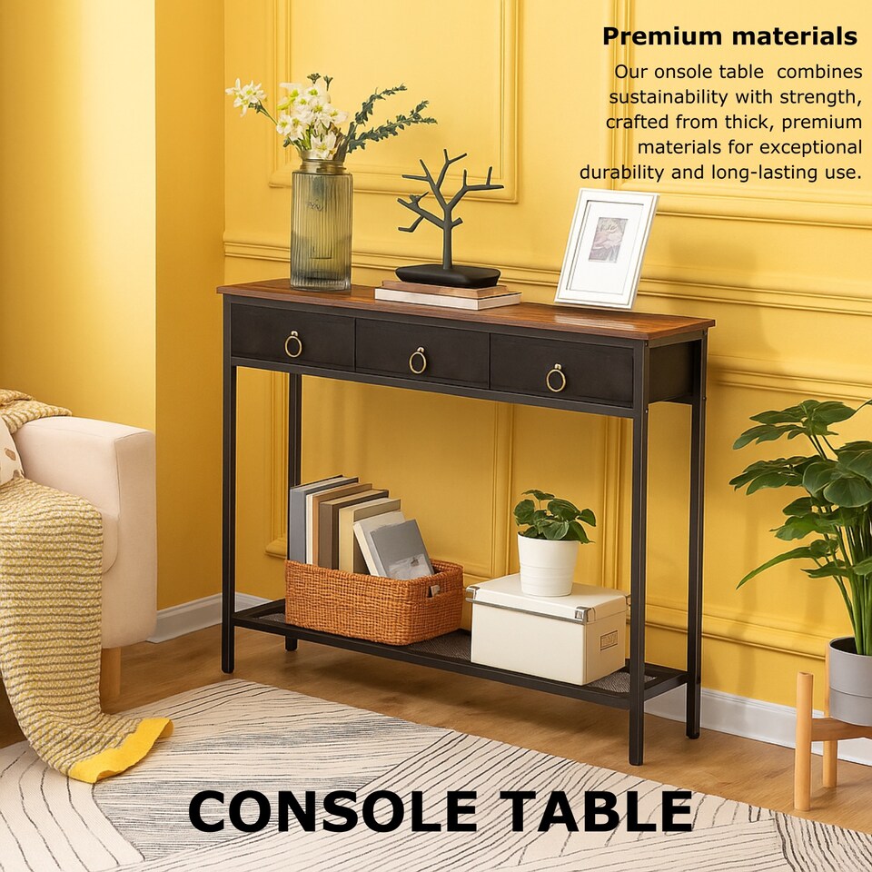 image 1 of Slim Hallway Console Table with 3 Non-Woven Drawers