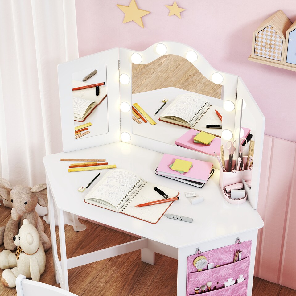 image 1 of AIYAPLAY Kids Dressing Table and Stool Set, Girls Vanity Table with 2-Colour LED Lights, Tri-Folding Mirror and Side Storage Pocket, Children Makeup Desk for Ages 3-8 Years, White