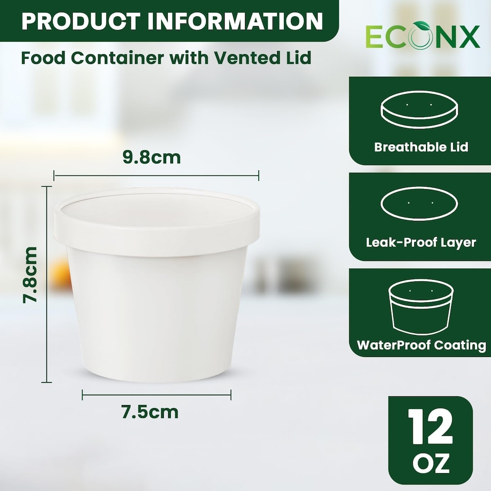 image 1 of ECONX 12oz White Disposable Paper Soup Cups Food Containers with Lids Takeaway Tubs 100pc