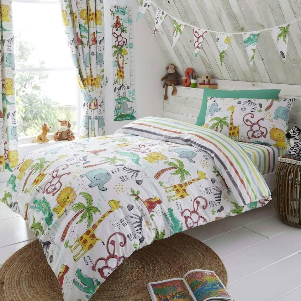 image 1 of Portfolio Home Jungle Fun Animals Reversible Soft Easy Care Bed Linen Duvet Cover Quilt Bedding Set With Pillow Case Multi | Toddler