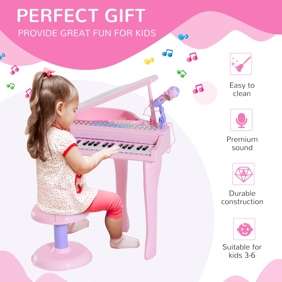 image 1 of HOMCOM 37 Key Musical Mini Piano Electrionic Keyboard Microphone Stool Pink | Pink