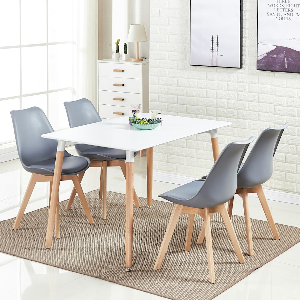 image 1 of 5PCs Dining Set - a White Halo Dining Table & Set of 4 Lorenzo Tulip Chairs with Padded Seat | Grey
