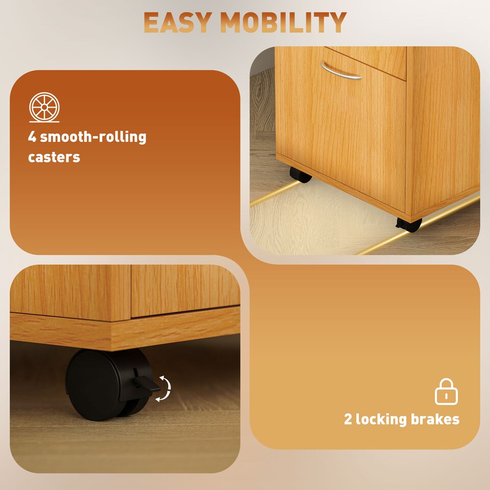 image 1 of HOMCOM 60cm Filing Cabinet with Drawer, Open Shelf, Metal Handles and 4 Wheels, Office Home Organiser Mobile Printer, Natural Wood Finish