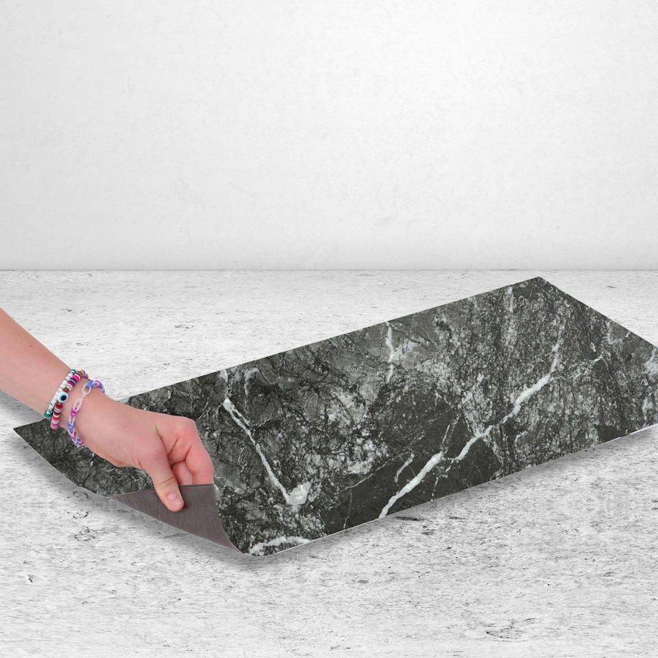 image 1 of NOVECRAFTO Black Self Adhesive Vinyl Floor Tiles - 12”x24” (30.48x60.96cm) - Large Peel & Stick Waterproof Marble Effect Flooring - Pack of Tiles Black | 3.71 sqm