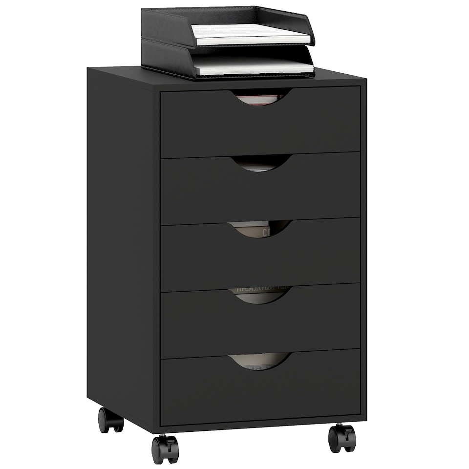 image 1 of HOMCOM 5 Drawer Filing Cabinet, Vertical Under Desk File Storage with Wheels for Home Office, Black