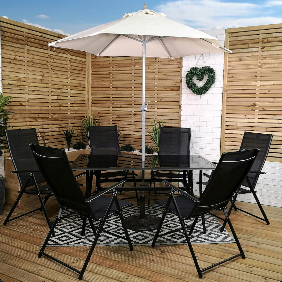 image 1 of Outdoor 6 Person Rectangular Glass Top Garden Patio Dining Table Chairs With Cream Parasol and Base Set