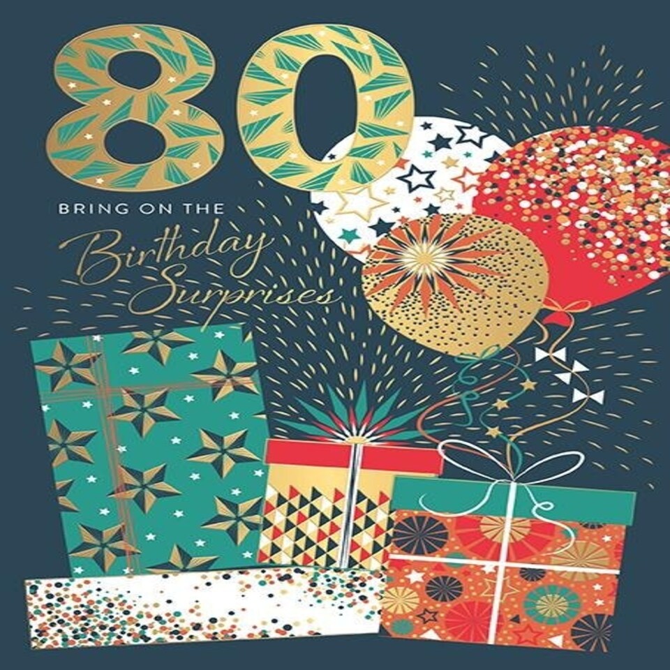 Words 'n' Wishes Male 80th Milestone Birthday Card, Age 80, Balloons and Wrapped Presents with Embossed Foil Details, Eco-Friendly