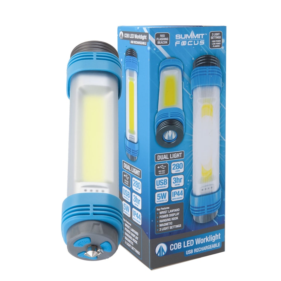 image 1 of vfm-estore Duel Torch 5W COB Rechargeable USB Light Stripe Beam with Wrist Strap - Blue