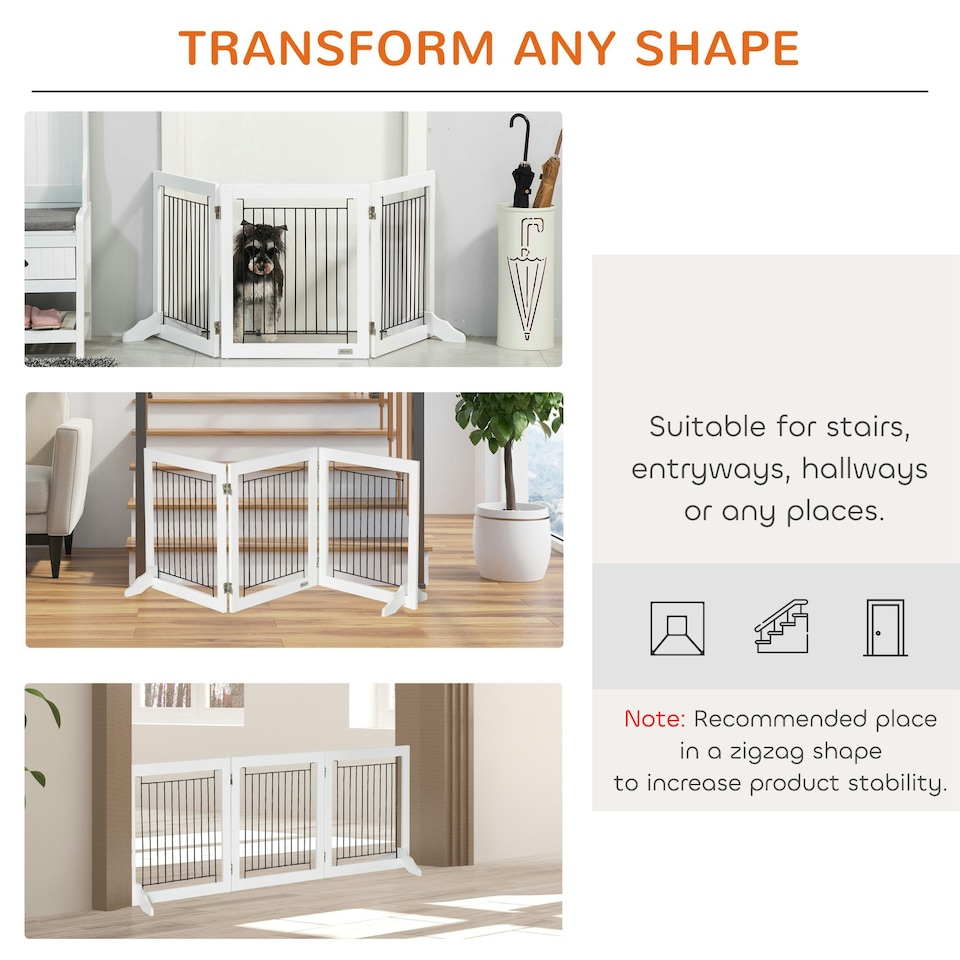 image 1 of PawHut Foldable Wooden Pet Gate w/ 3 Panels 2 Support Feet for Small Dogs White